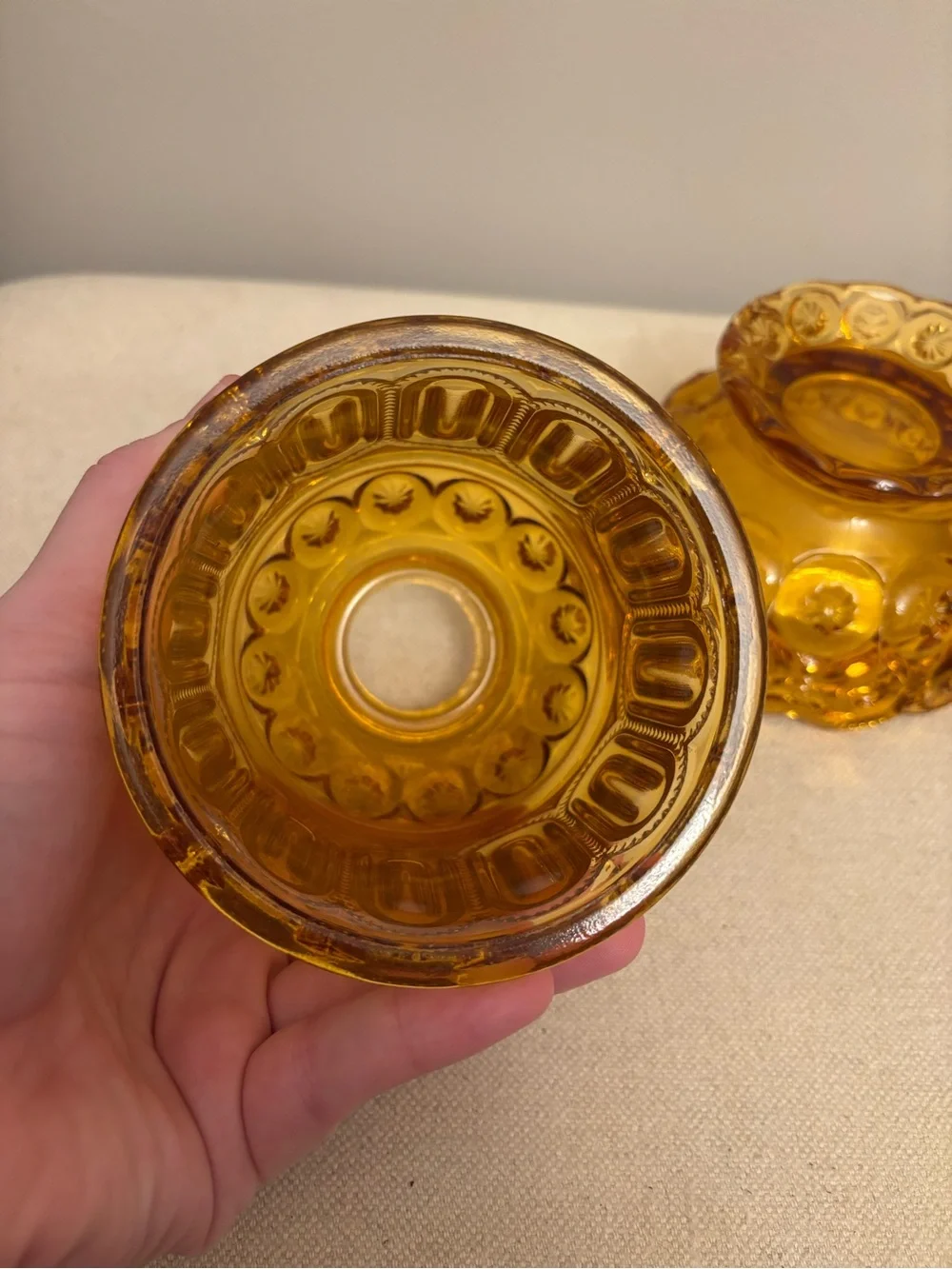 VTG MCM  L.E. SMITH AMBER GLASS MOON & STARS FAIRY LAMP 6 1/4